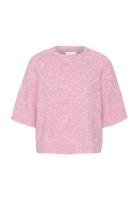 Maglione a maglia rosa chiaro con scollatura rotonda, maniche corte e vestibilità rilassata. I materiali sembrano morbidi e pelosi con una finitura testurizzata.