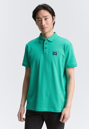 Groene poloshirt met een kraag, korte mouwen en een logopatch aan de voorkant. Gemaakt van gemerceriseerd katoenmateriaal. Eenvoudig, klassiek ontwerp.