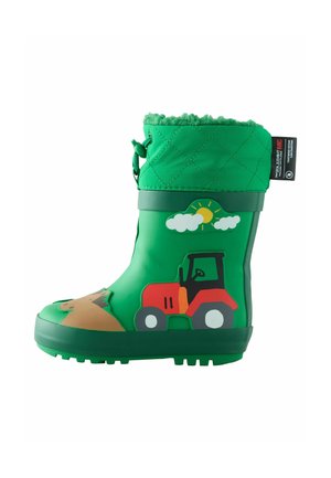 Groene rubberlaarzen met een trekkerontwerp en contrasterende rode en witte accenten. Gekorrelde bovenkant en een donzige voering aan de bovenkant.