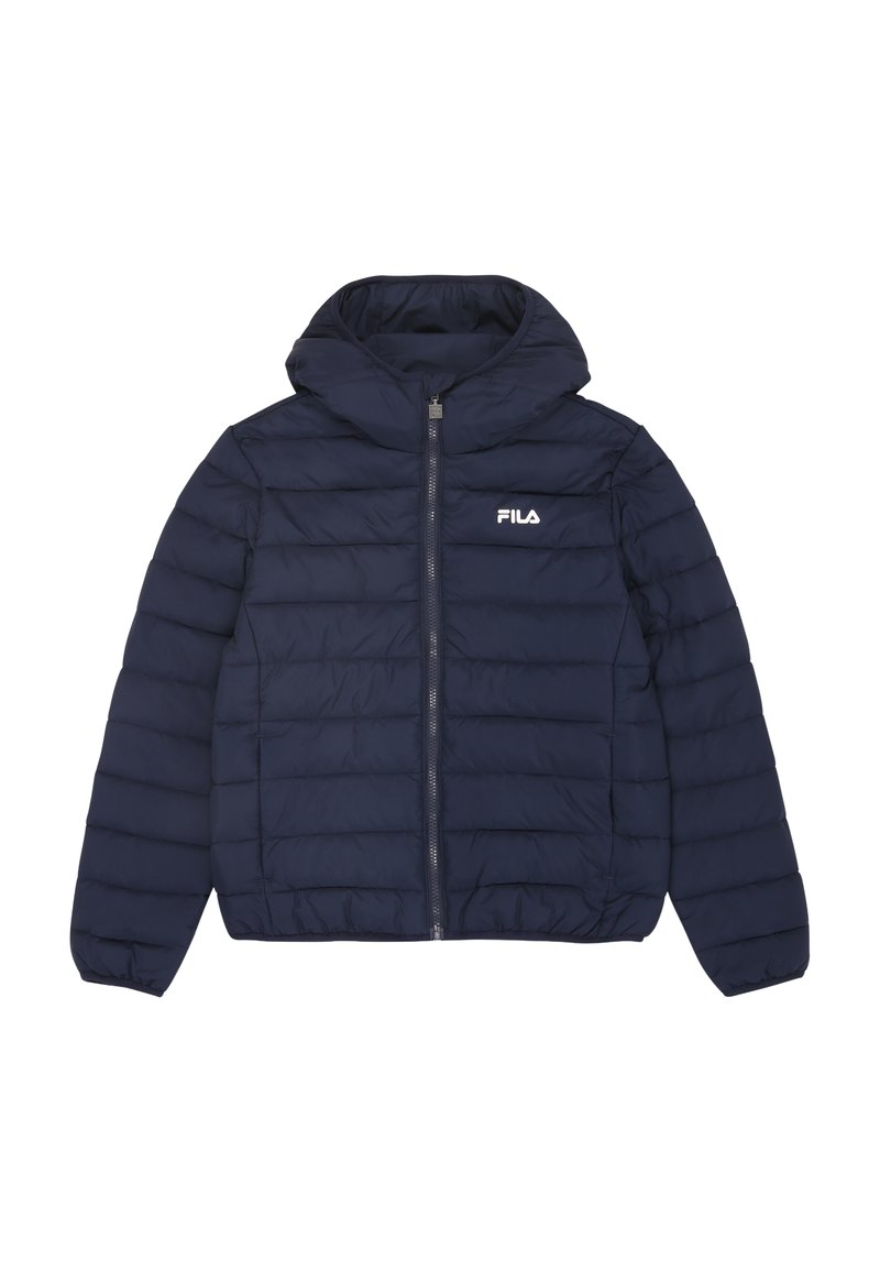 Marinblå puffjacka med huva, quiltad design, främre dragkedjestängning och vit logotyp på vänster bröst. Mjuk, isolerad material.