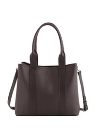 Brun læder tote bag med dobbelt håndtag, aftagelig skulderrem og struktureret overflade. Har lynlåslukning og minimalistisk design.
