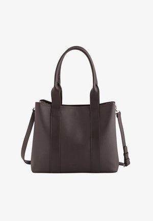 Brązowa skórzana torba tote z podwójnymi uchwytami, odczepianym paskiem na ramię i teksturowanym wykończeniem. Posiada zamek błyskawiczny oraz minimalistyczny design.