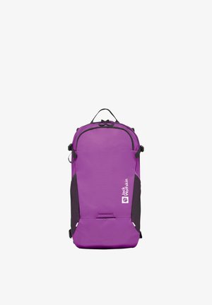 Zaino Jack Wolfskin viola con tasche laterali in rete nera, manico superiore e scomparti con zip, mostrato frontalmente.