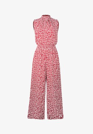 Cat suit floreale rosso con design senza maniche, colletto alto, vita elastica, gambe ampie e un tessuto testurizzato con motivi di fiori bianchi.