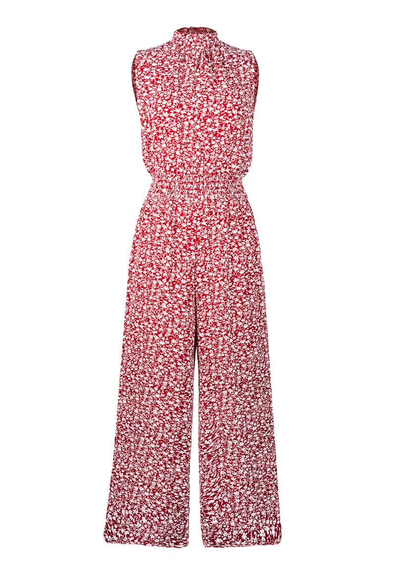 Roter Blumen-Jumpsuit mit ärmellosem Design, hohem Kragen, elastischem Taillenbund, weitem Bein und einem strukturierten Stoff, der weiße Blumenmuster aufweist.