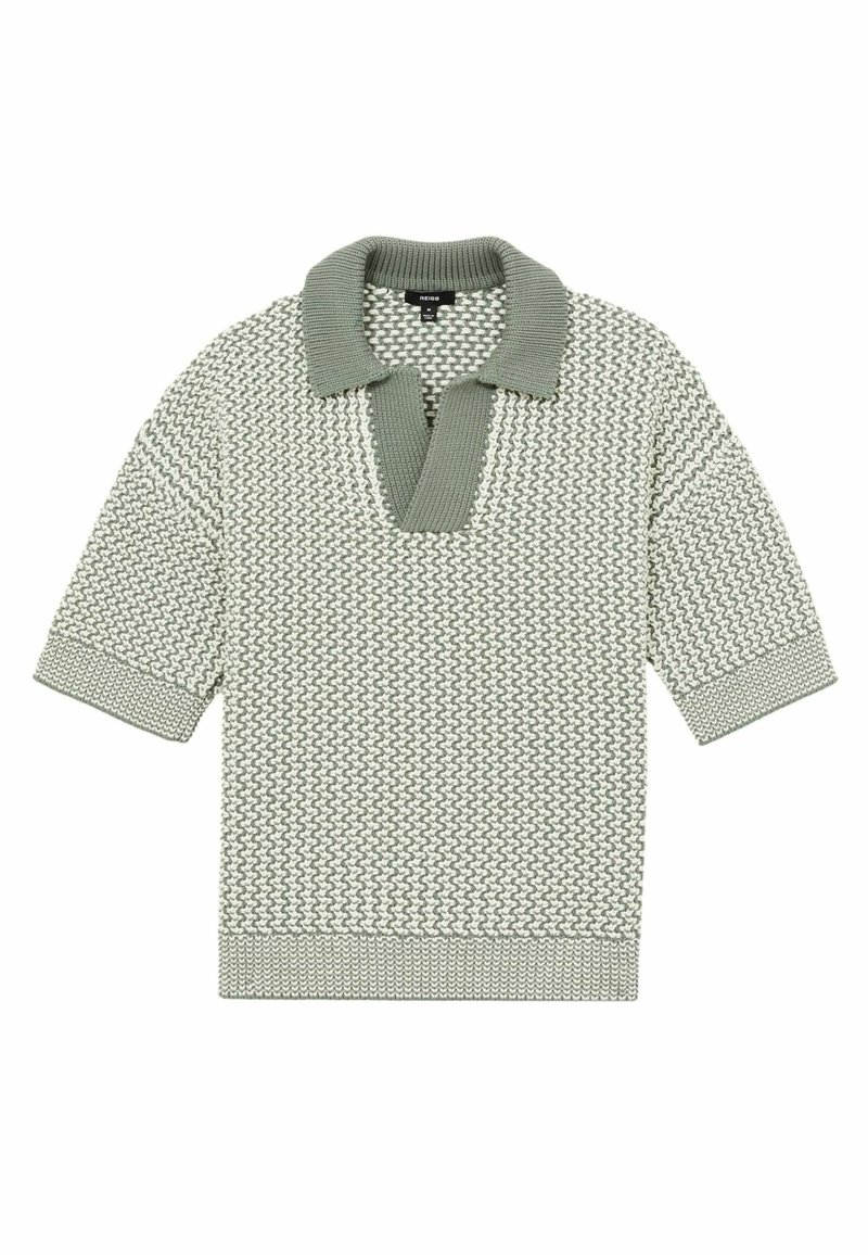 Kurzärmeliger gestrickter Polo-Pullover in hellgrauem und weißem Strukturmuster mit einfarbig geripptem Kragen und Bündchen.