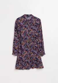 Abito floreale con maniche lunghe, sfondo blu navy, motivo a piccole fiori multicolori, vita con cintura e orlo arricciato. Tessuto morbido.