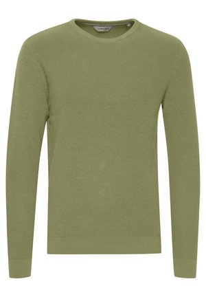 Green knitted sweater, crew neck design, long sleeves, ribbed texture, and banded cuffs and hem.