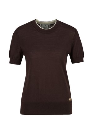 Dunkelbraunes kurzärmeliges Stricktop mit rundem Ausschnitt und einem kleinen goldenen Logoetikett nahe dem unteren Saum auf der linken Seite.
