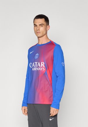 Long-sleeve athletic shirt in blue and red with a gradient design, featuring "Qatar Airways" logo and Nike swoosh on the chest.