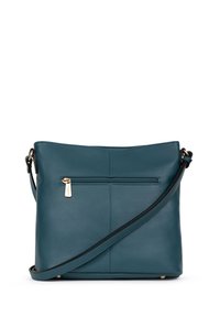 Borsa a tracolla in pelle color teal con tracolla regolabile, tasca frontale con zip, forma piatta e accenti in hardware dorato.