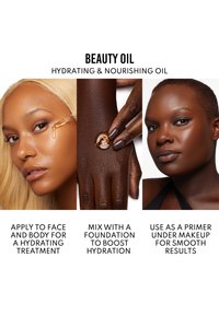 Skjønnhetsolje i amberfarget glass med pipette. Tekstinstruksjoner for ulike bruksområder på hvit bakgrunn. Tre hudtoner vist.