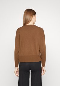 Bruine gebreide trui met een ronde hals, geribbelde zoom en lange mouwen. Zachte textuur, relaxte pasvorm, eenvoudig ontwerp en geen zichtbare versieringen.