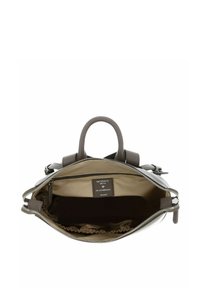 Sac à main en cuir gris avec fermeture éclair et deux poignées courtes ; il dispose d'une doublure en tissu beige et d'une poche zippée à l'intérieur.