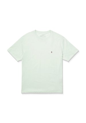 T-shirt vert menthe clair, fabriqué en coton doux, avec un col rond, des manches courtes et un petit logo brodé sur la poitrine.