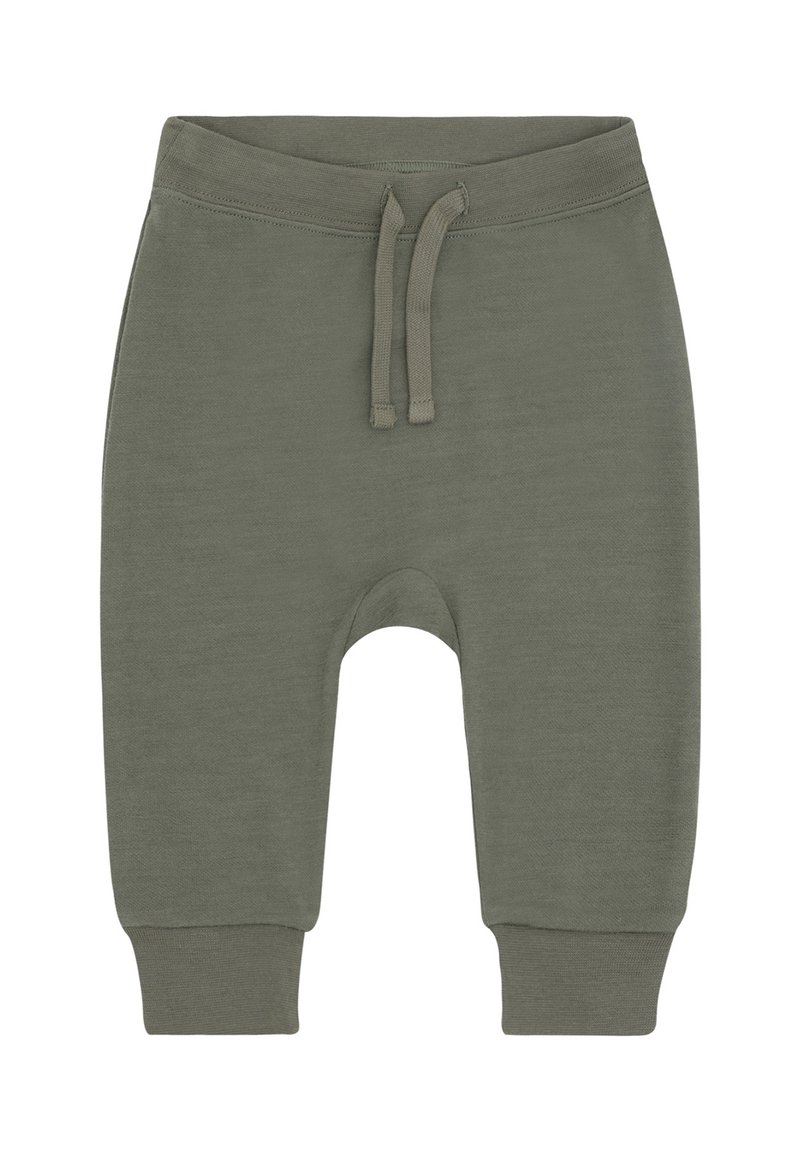 Olivengrüne Babyhose mit Kordelzugbund und gerippten Bündchen, aus weichem Strickstoff gefertigt.