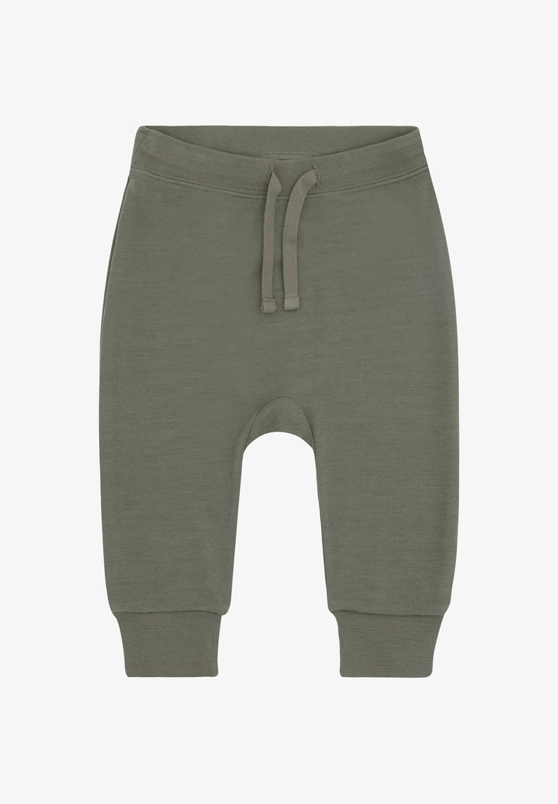 Olivengrüne Babyhose mit Kordelzugbund und gerippten Bündchen, aus weichem Strickstoff gefertigt.