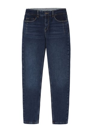 Dark blue denim jeans with a straight-leg cut, featuring five pockets, a zipper fly, and contrast stitching along seams.