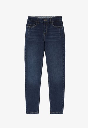 Donkerblauwe denim jeans met een recht model, voorzien van vijf zakken, een ritssluiting en contrasterende stiksels langs de naden.