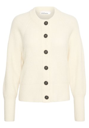 Cárdigan blanco de punto con cuello redondo, siete grandes botones oscuros y textura acanalada. Mangas largas con puños ajustados.