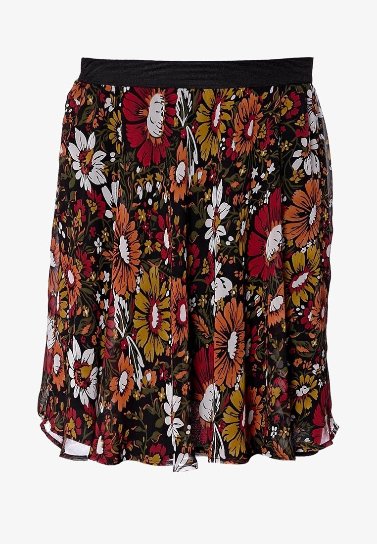 Jupe noire avec un grand motif floral rouge, orange, jaune et blanc et une ceinture élastique noire.