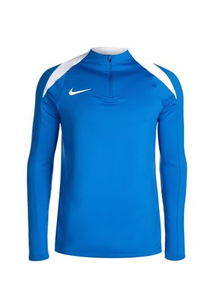 Niebieski sportowy top z długim rękawem z białymi akcentami na ramionach i przednim zamkiem błyskawicznym, z białym logo Nike na prawej piersi.
