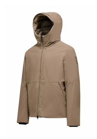 Beige hooded jack met een gladde, matte afwerking. Voorzien van een ritssluiting aan de voorkant, zijzakken en elastische manchetten. Eenvoudig, minimalistisch ontwerp.