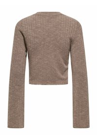 Maglione corto marrone a costine con maniche lunghe e colletto rotondo. Caratterizzato da una texture morbida e una silhouette aderente.