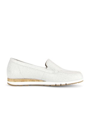 White textured leather slip-on loafer with low cork wedge heel and rubber sole, shown from side view on white background.