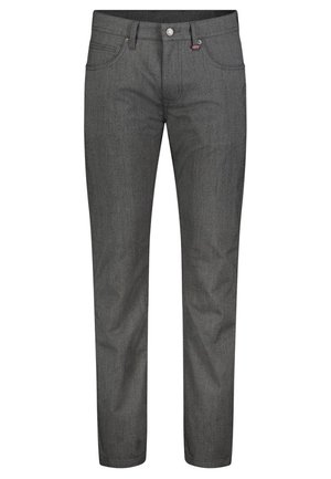 Mørkegrå herrejeans med lige ben, bæltestropper, knap foran, lynlås og design med fem lommer.