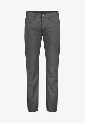 Pantalones vaqueros para hombre de pierna recta en gris oscuro, con trabillas para cinturón, botón frontal, cremallera y diseño de cinco bolsillos.