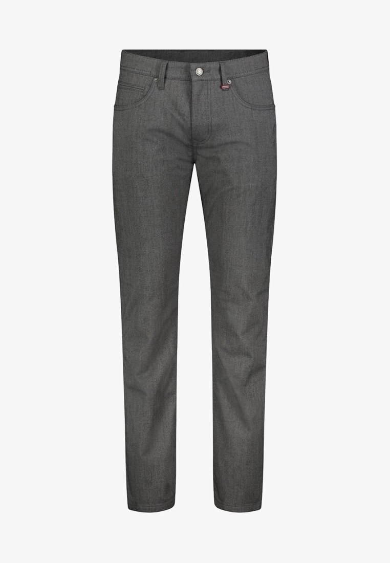 Jean droit pour homme de couleur gris foncé, avec passants pour ceinture, bouton frontal, fermeture éclair et design à cinq poches.