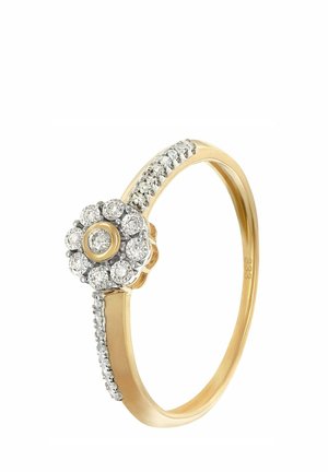 Goldring mit einem runden Cluster aus kleinen Diamanten in der Mitte und Diamanten, die entlang der oberen Hälfte des Rings gesetzt sind.