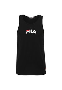 Canottiera nera in cotone con colletto rotondo. Presenta un logo FILA bianco e rosso sul davanti e un'etichetta con il logo in piccolo sull'orlo.