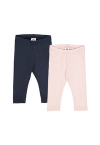 Due paia di leggings: uno blu navy e uno rosa chiaro. Realizzati in tessuto elastico con vita alta in elastico e una texture liscia.