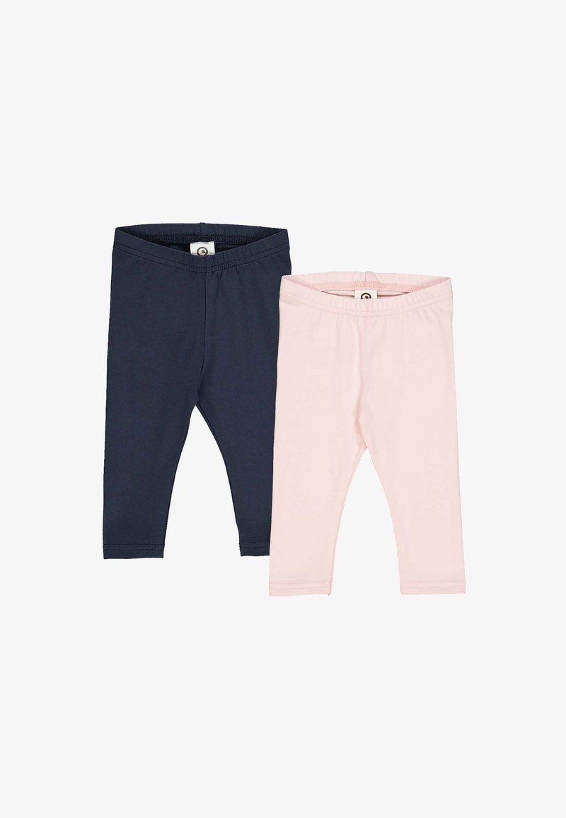Two pairs of leggings: one navy blue and one light pink. Made of stretchy fabric with elastic waistbands and smooth texture.