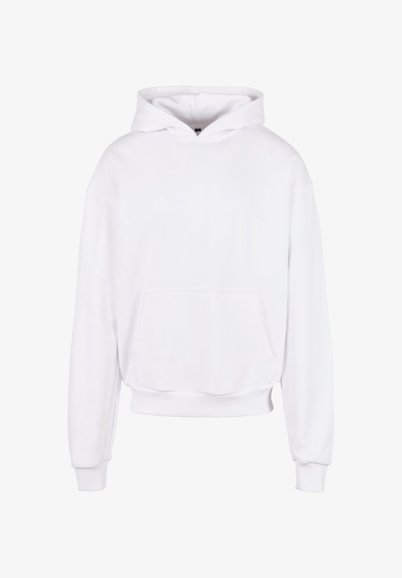 Bela kapuca s puloverjem s sprednjim žepom, dolgimi rokavi, rebrastimi manšeti in robom, izdelana iz mehkega blaga z sproščenim krojem.