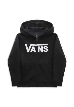 Black full-zip hoodie with front pockets and a white Vans logo across the chest, featuring a hood and long sleeves.