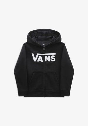 Sweat à capuche zippé intégralement noir avec poches frontales et un logo Vans blanc sur la poitrine, doté d'une capuche et de manches longues.