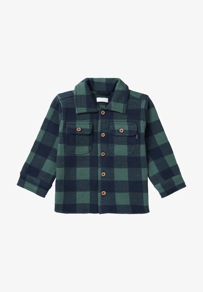 Veste-chemise à carreaux verts et bleu marine à manches longues avec boutons sur le devant et deux poches poitrine boutonnées.