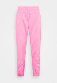 Calças cor-de-rosa com uma textura suave, design de corte justo, pregas frontais e fendas laterais discretas na bainha. Feitas de material leve.