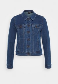 Veste en denim bleu foncé. Dispose d'une fermeture à boutons, de deux poches poitrine et d'un col classique. Tissu texturé avec un léger dégradé.