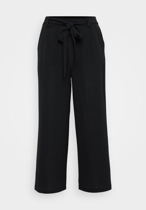 Black wide-leg trousers made of soft fabric. Features a front tie belt, pleats, and hemmed cuffs, offering a relaxed silhouette.
