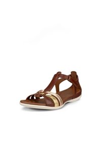 Braune Leder-Sandalen mit metallic-goldenen Akzenten, offenes Design, verstellbare Riemen und gepolsterte Innensohle für Komfort.