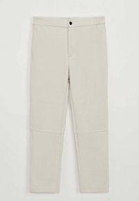 Pantalons côtelés gris clair au design ajusté, dotés d'une fermeture à bouton à l'avant et de détails surpiqués au niveau des genoux.