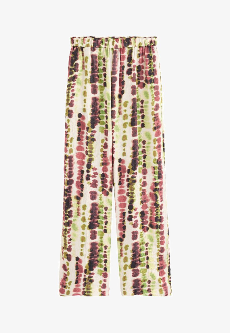 Hlače širokih nogavica s elastičnim remenom, s raznobojnim uzorkom u bordo, crnoj, zelenoj i krem boji na teksturiranom materijalu.