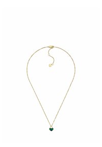 Collier délicat en chaîne dorée avec un petit pendentif vert en forme de cœur et un fermoir doré avec un rallongeur réglable.