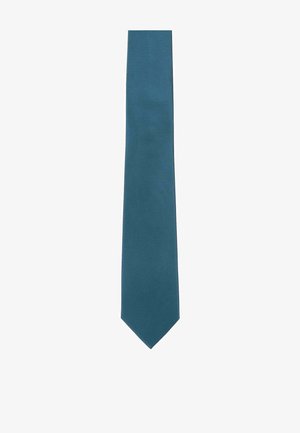 Teal silk tie with a smooth texture and narrow shape. The design features a subtle ribbed pattern along the length.