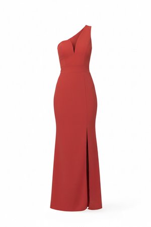 Piros, egyrészes estélyi ruha mély V-nyakkivágással és combig érő hasítékkal, deréknál szűkített, földig érő szoknyával.