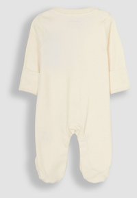 Body per neonato color crema con maniche lunghe, colletto rotondo e fondo con piedini; tessuto morbido e design semplice.